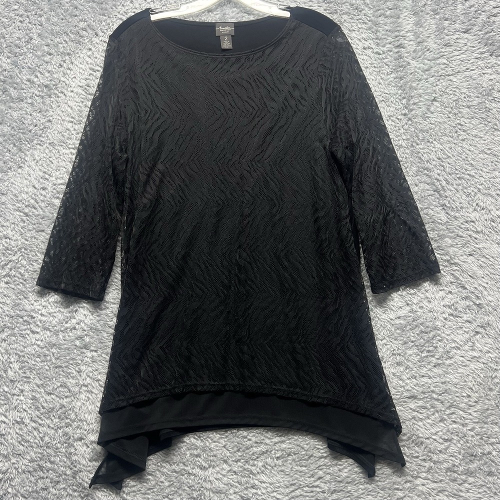 Chicos Travelers Top Womens 2 US Large Black Lace Overlay Sleeves Asymetrical